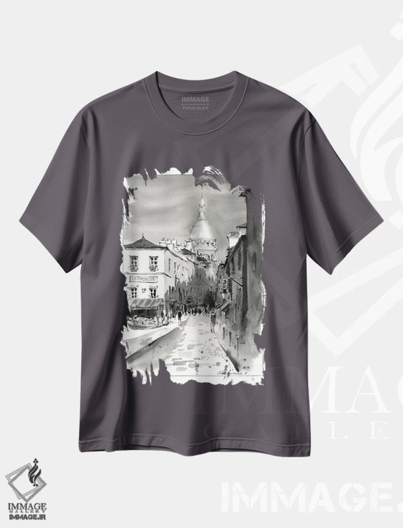 تیشرت طوسی طرح دار Paris,مون مارتر سیاه و سفید، پاریس اثر هوم لایک آرت