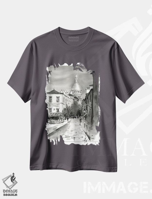 تیشرت طوسی طرح دار Paris,مون مارتر سیاه و سفید، پاریس اثر هوم لایک آرت