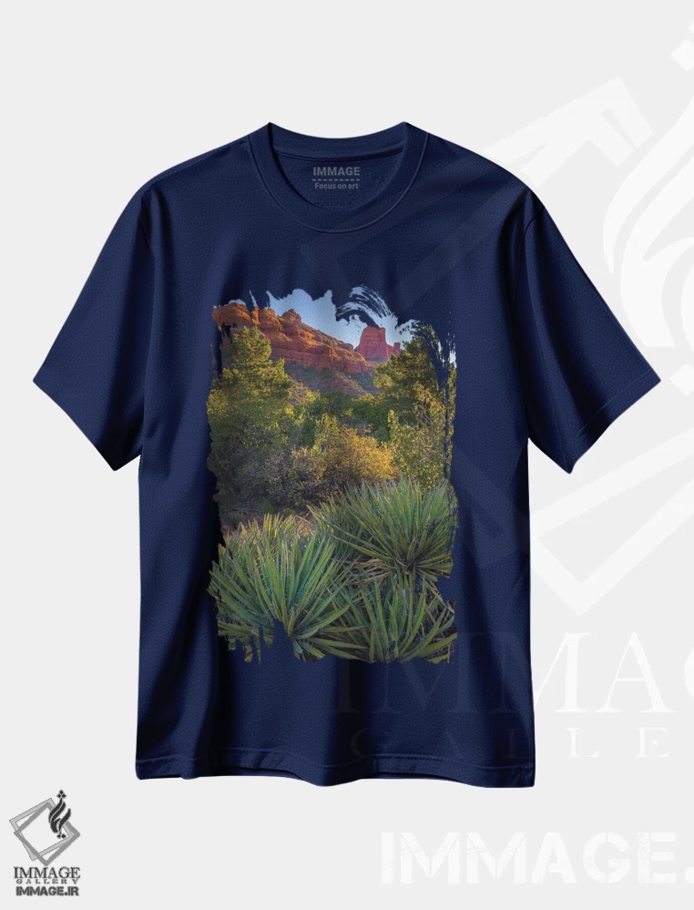تیشرت سرمه ای طرح دار Arizona, Sedona. Landscape with rock formation and cacti.,چشم انداز سدونا با صخره ها و کاکتوس ها اثر جینز گالری