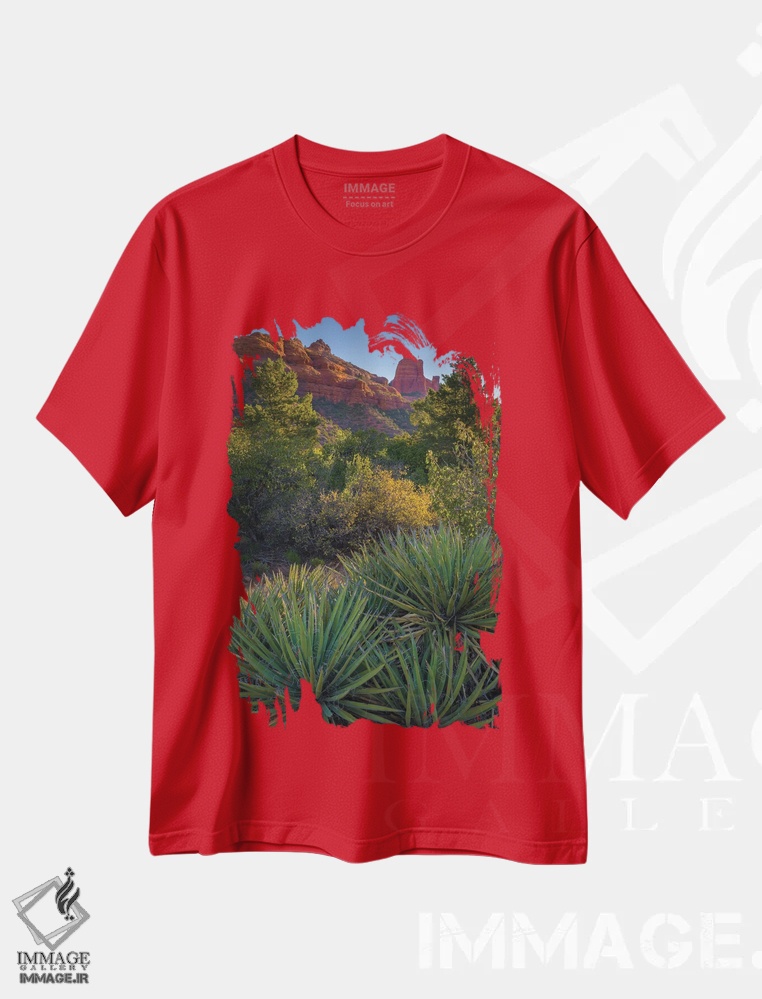 تیشرت قرمز طرح دار Arizona, Sedona. Landscape with rock formation and cacti.,چشم انداز سدونا با صخره ها و کاکتوس ها اثر جینز گالری