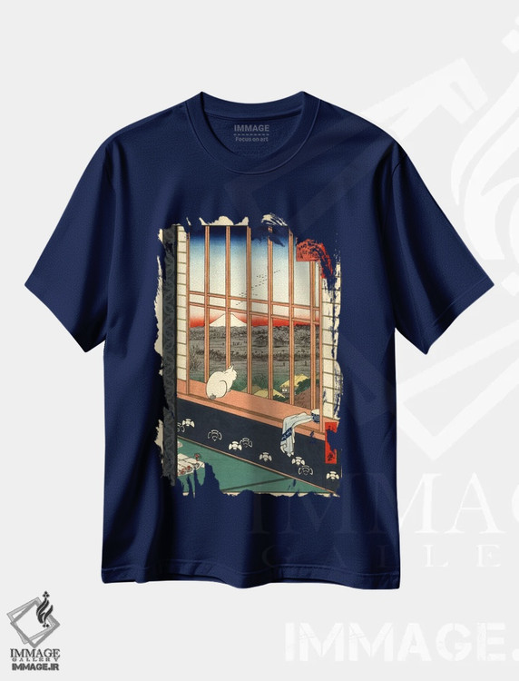 تیشرت سرمه ای طرح دار مزارع برنج آساکوسا و جشنواره تورینوماتچی اثر اوتاگاوا هیروشگه