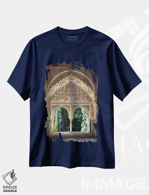 تیشرت سرمه ای طرح دار Alhambra, Spain,پنجره با طراحی موریسالحمرا، اسپانیا اثر جین ریکس