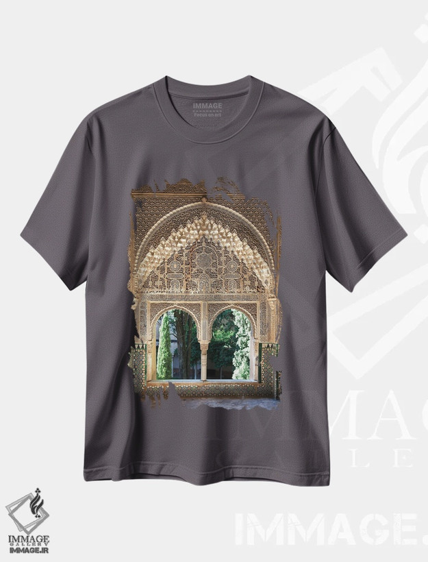 تیشرت طوسی طرح دار Alhambra, Spain,پنجره با طراحی موریسالحمرا، اسپانیا اثر جین ریکس