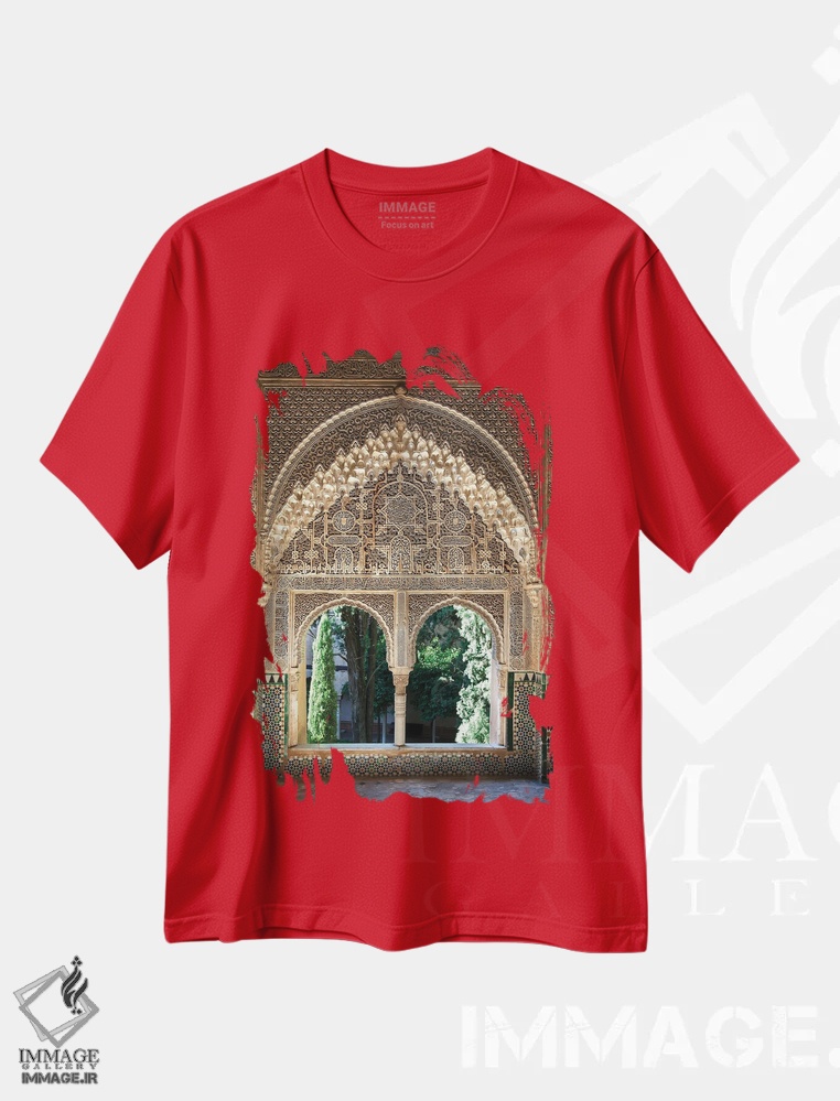 تیشرت قرمز طرح دار Alhambra, Spain,پنجره با طراحی موریسالحمرا، اسپانیا اثر جین ریکس