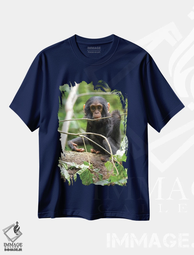 تیشرت سرمه ای طرح طبیعت ,Uganda, Kibale National Park. A playful and curious infant chimpanzee.,آفریقا، اوگاندا، پارک ملی کیباله. یک شامپانزه نوزاد بازیگوش و کنجکاو اثر کریستین موشر