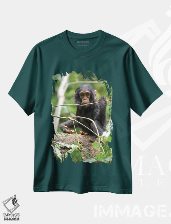 تیشرت سبز طرح طبیعت ,Uganda, Kibale National Park. A playful and curious infant chimpanzee.,آفریقا، اوگاندا، پارک ملی کیباله. یک شامپانزه نوزاد بازیگوش و کنجکاو اثر کریستین موشر