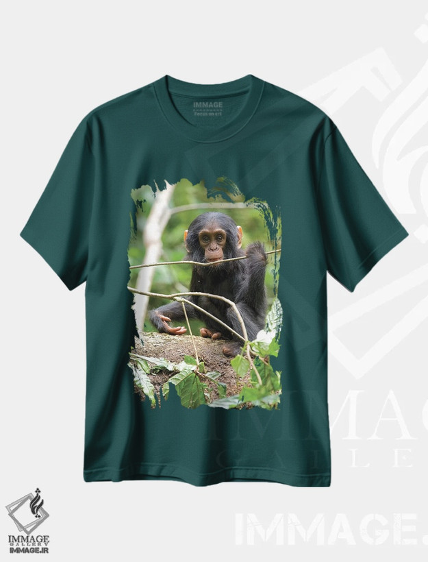 تیشرت سبز طرح طبیعت ,Uganda, Kibale National Park. A playful and curious infant chimpanzee.,آفریقا، اوگاندا، پارک ملی کیباله. یک شامپانزه نوزاد بازیگوش و کنجکاو اثر کریستین موشر