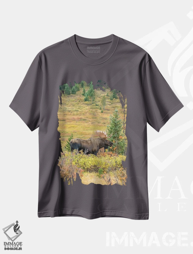 تیشرت طوسی طرح دار Colorado, Cameron Pass. Bull moose with antlers.,آمریکا، کلرادو، گذرگاه کمرون. گوزن نر شاخ دار اثر جینز گالری