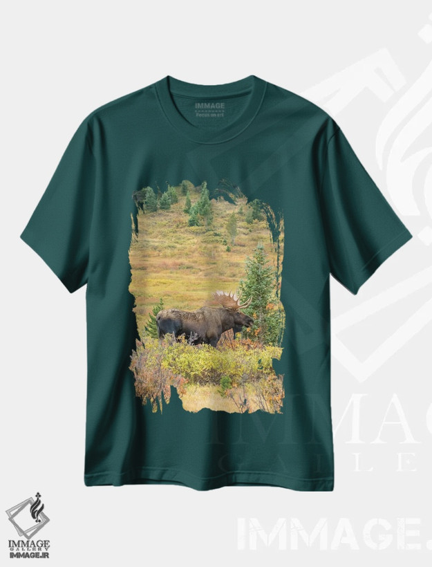 تیشرت سبز طرح دار Colorado, Cameron Pass. Bull moose with antlers.,آمریکا، کلرادو، گذرگاه کمرون. گوزن نر شاخ دار اثر جینز گالری
