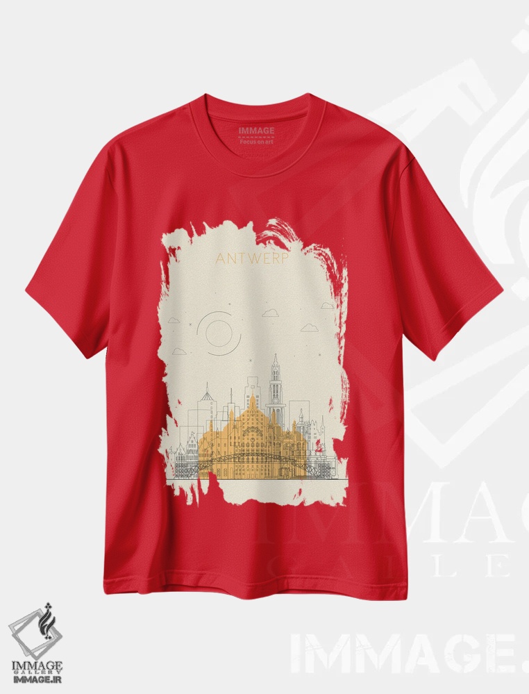 تیشرت قرمز طرح دار نمای شهری آنتورپ، بلژیک اثر آیشه دنیز آکِرمان
