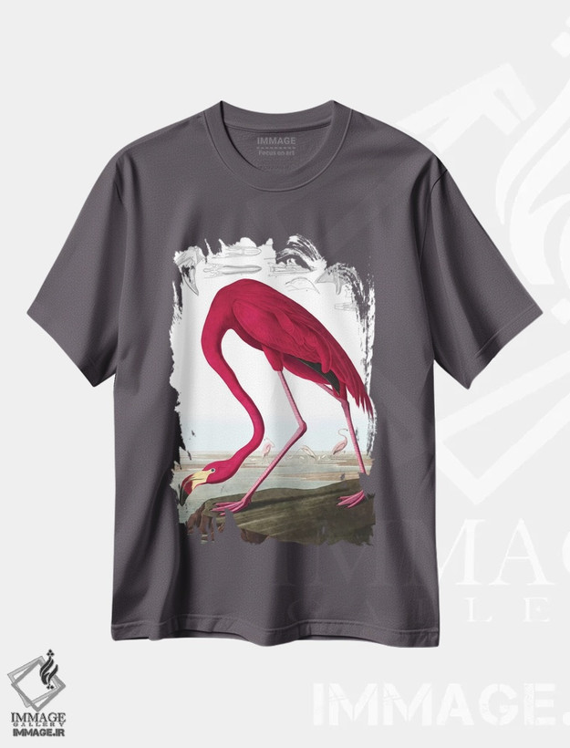 تیشرت طوسی طرح دار Phoenicopterus Ruber, from "The Birds of America" by John J. Audubon, pub. 1827-38,فلامینگو آمریکایی، از کتاب "پرندگان آمریکا" جان جیمز اودوبون، منتشرشده ۱۸۲۷-۱۸۳۸ اثر جان جیمز آدوبون