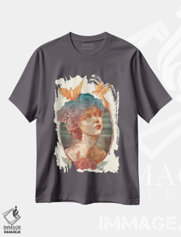تیشرت طوسی طرح هنری ,"خانم" اثر مایک کوبو