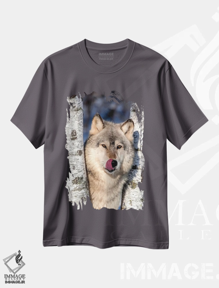 تیشرت طوسی طرح دار Minnesota, Sandstone, Wolf in Birch Trees,آمریکا، مینه سوتا، سندستون، گرگ در میان درختان غان اثر هولیس لونی
