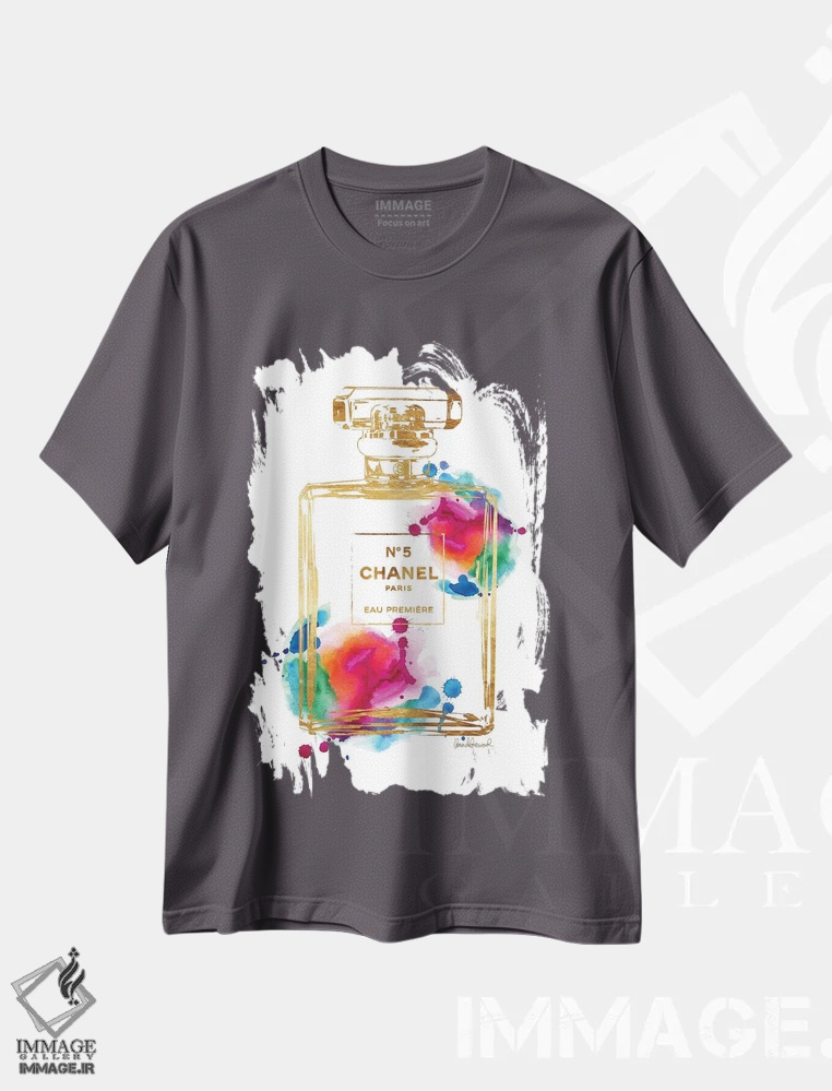 تیشرت طوسی طرح دار Gold & Rainbow,بطری عطر طلایی و رنگین کمانی اثر آماندا گرینوود