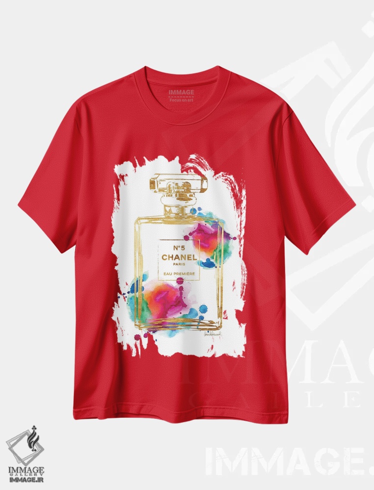 تیشرت قرمز طرح دار Gold & Rainbow,بطری عطر طلایی و رنگین کمانی اثر آماندا گرینوود