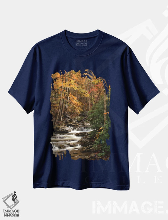 تیشرت سرمه ای طرح دار Tennesse. Fall foliage along a stream in the Smoky Mountains.,آمریکا، تنسی. برگ های پاییزی در امتداد رودخانه ای در کوه های اسموکی اثر جوآن ولز