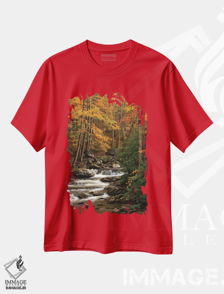 تیشرت قرمز طرح دار Tennesse. Fall foliage along a stream in the Smoky Mountains.,آمریکا، تنسی. برگ های پاییزی در امتداد رودخانه ای در کوه های اسموکی اثر جوآن ولز