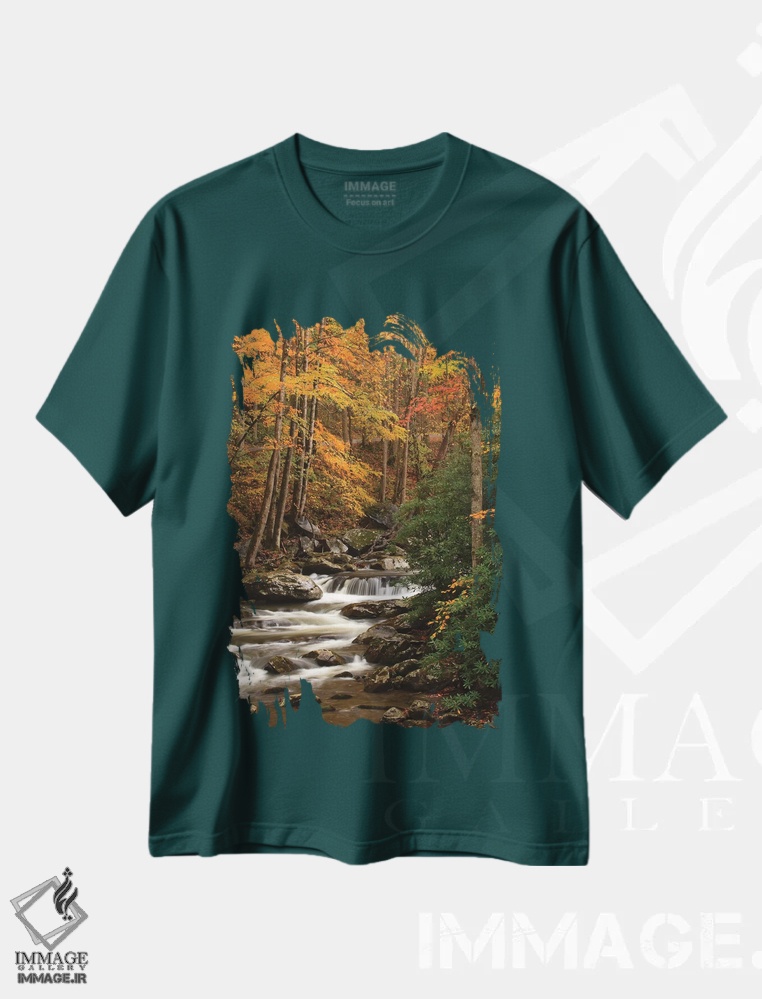 تیشرت سبز طرح دار Tennesse. Fall foliage along a stream in the Smoky Mountains.,آمریکا، تنسی. برگ های پاییزی در امتداد رودخانه ای در کوه های اسموکی اثر جوآن ولز