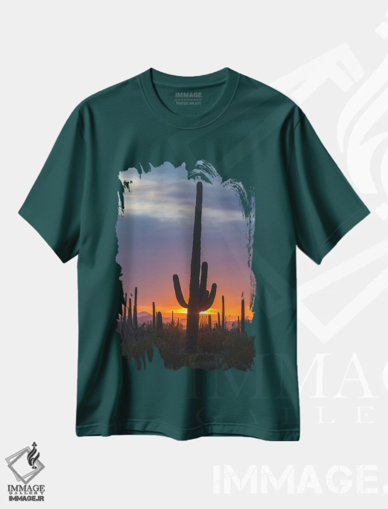 تیشرت سبز طرح دار Arizona, Saguaro National Park. Saguaro cactus at sunset.,آمریکا، آریزونا، پارک ملی ساگوارو. کاکتوس ساگوارو در غروب اثر جینز گالری