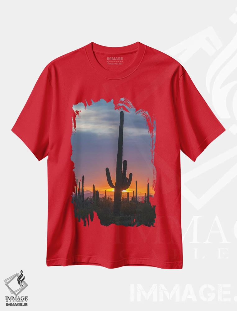 تیشرت قرمز طرح دار Arizona, Saguaro National Park. Saguaro cactus at sunset.,آمریکا، آریزونا، پارک ملی ساگوارو. کاکتوس ساگوارو در غروب اثر جینز گالری