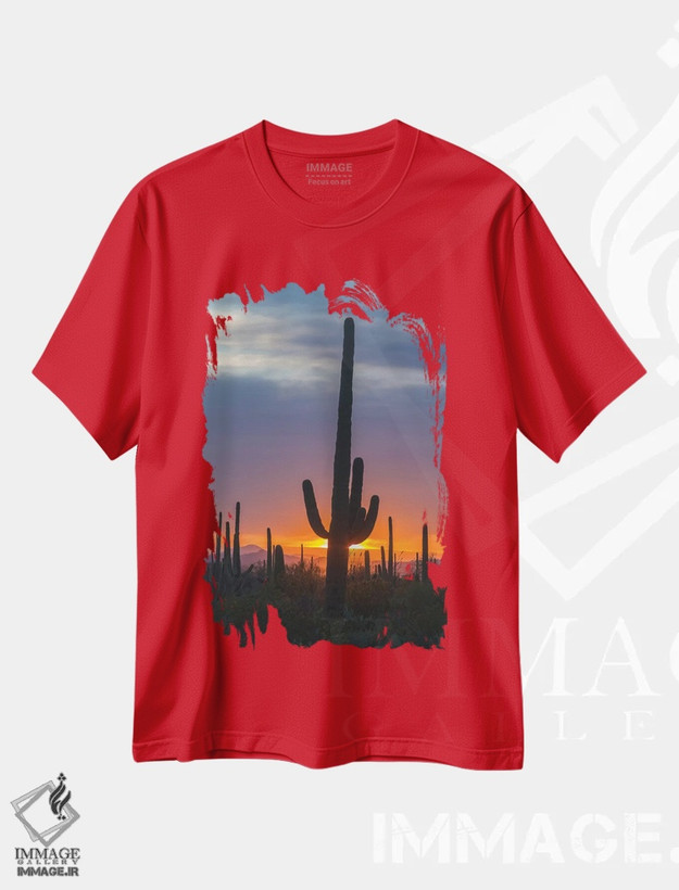 تیشرت قرمز طرح دار Arizona, Saguaro National Park. Saguaro cactus at sunset.,آمریکا، آریزونا، پارک ملی ساگوارو. کاکتوس ساگوارو در غروب اثر جینز گالری