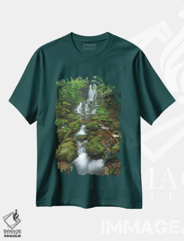 تیشرت سبز طرح دار New Brunswick, Fundy National Park. Dickson Creek waterfall cascade.,کانادا، نیوبرانزویک، پارک ملی فاندی. آبشار پلکانی دیکسون کریک اثر جینز گالری