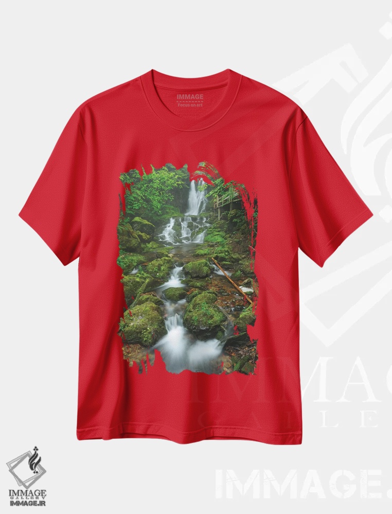تیشرت قرمز طرح دار New Brunswick, Fundy National Park. Dickson Creek waterfall cascade.,کانادا، نیوبرانزویک، پارک ملی فاندی. آبشار پلکانی دیکسون کریک اثر جینز گالری