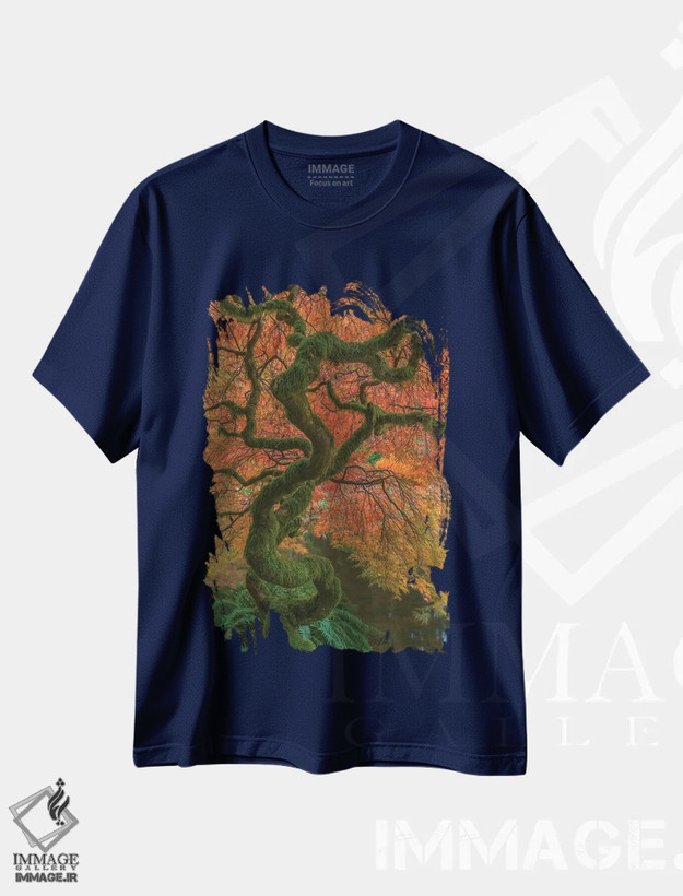 تیشرت سرمه ای طرح دار Washington State, Bainbridge Island. Japanese maple tree in fall.,ایالات متحده، ایالت واشینگتن، جزیره بین بریج. درخت افرا ژاپنی در پاییز. اثر جینز گالری