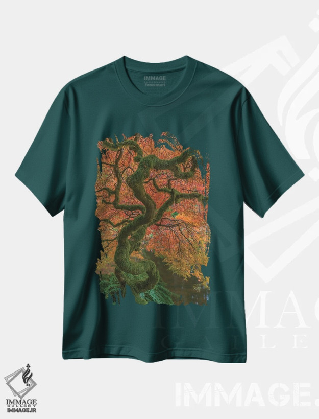 تیشرت سبز طرح دار Washington State, Bainbridge Island. Japanese maple tree in fall.,ایالات متحده، ایالت واشینگتن، جزیره بین بریج. درخت افرا ژاپنی در پاییز. اثر جینز گالری
