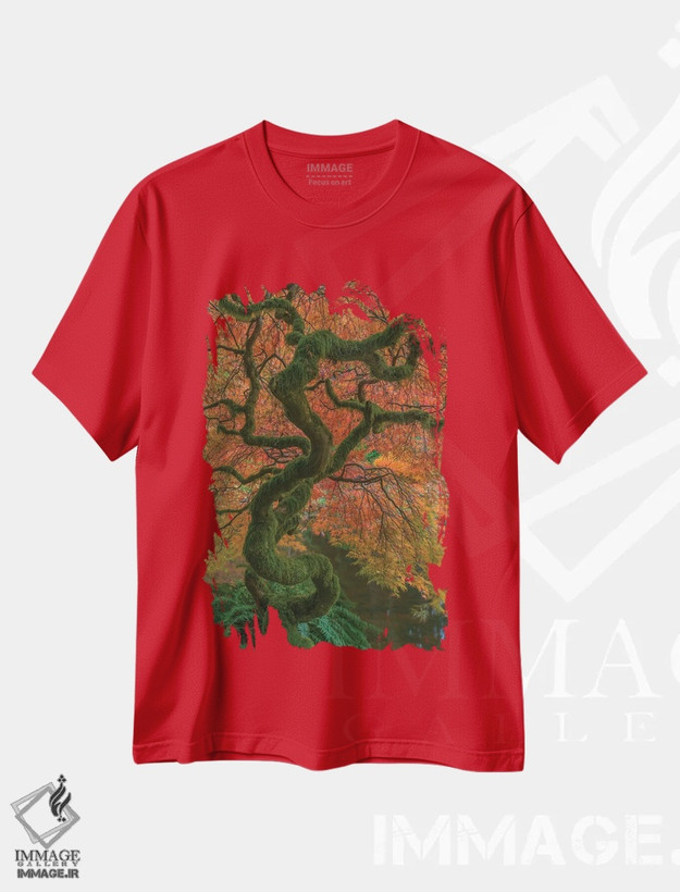 تیشرت قرمز طرح دار Washington State, Bainbridge Island. Japanese maple tree in fall.,ایالات متحده، ایالت واشینگتن، جزیره بین بریج. درخت افرا ژاپنی در پاییز. اثر جینز گالری
