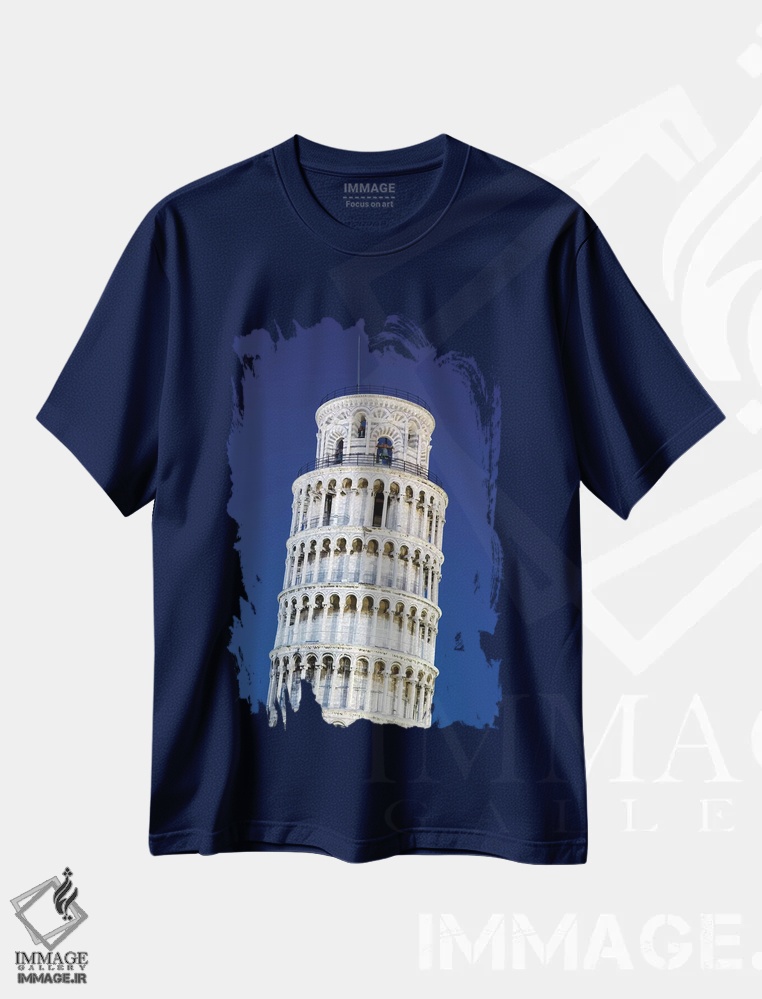 تیشرت سرمه ای طرح دار Pisa. Close-up of Leaning Tower,ایتالیا، پیزا. نمای نزدیک از برج کج اثر جینز گالری