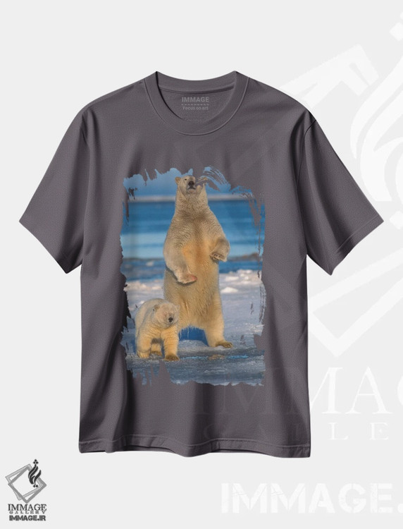 تیشرت طوسی طرح دار Arctic National Wildlife Refuge, Alaska,ماده خرس قطبی با توله اش برای بررسی خطرات احتمالی روی یخ های شناور ایستاده است، پناهگاه ملی حیات وحش شمالگان، آلاسکا اثر استیو کازلوسکی