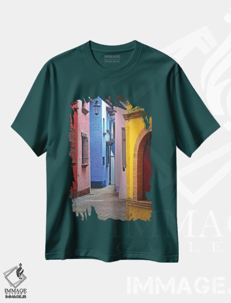 تیشرت سبز طرح دار Veracruz State. Colorful colonial architecture.,مکزیک، ایالت وراکروز. معماری استعماری رنگارنگ اثر جینز گالری
