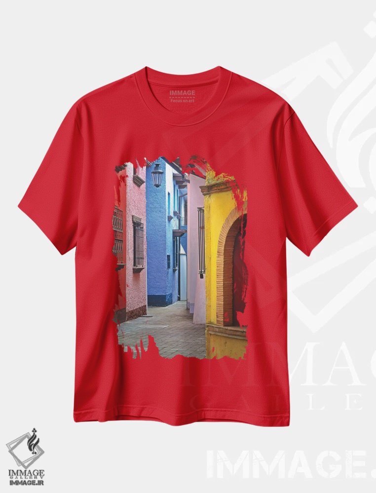 تیشرت قرمز طرح دار Veracruz State. Colorful colonial architecture.,مکزیک، ایالت وراکروز. معماری استعماری رنگارنگ اثر جینز گالری