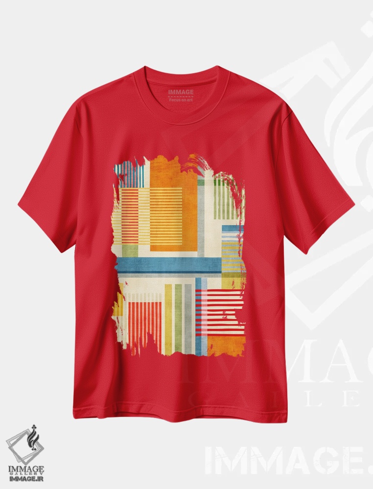 تیشرت قرمز طرح دار اثر هنری انتزاعی خطوط رنگارنگ جسور B اثر ام سی دیزاین لب