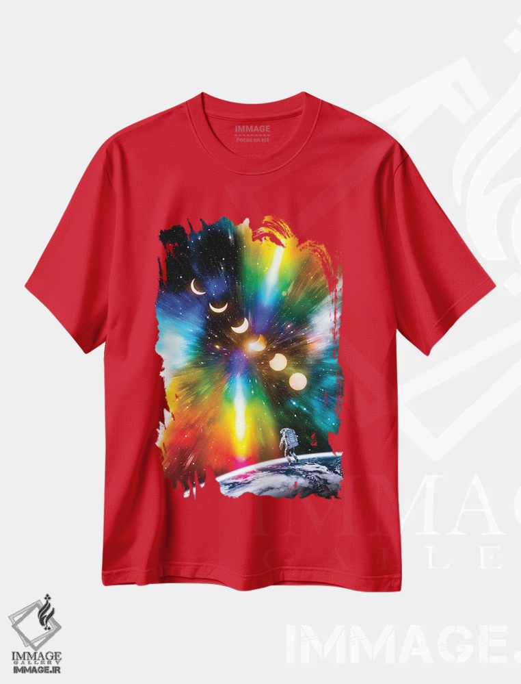 تیشرت قرمز طرح دار Phases Of The Moon And Colorful Universe,فضانورد، فازهای ماه و جهان رنگارنگ اثر جن زد