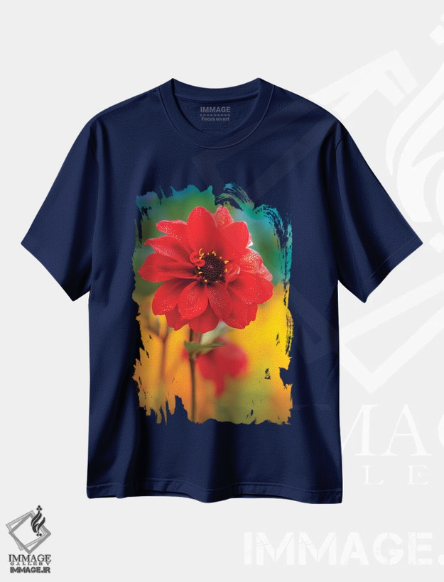 تیشرت سرمه ای طرح دار شبنم روی گل قرمز اثر نیک ریو