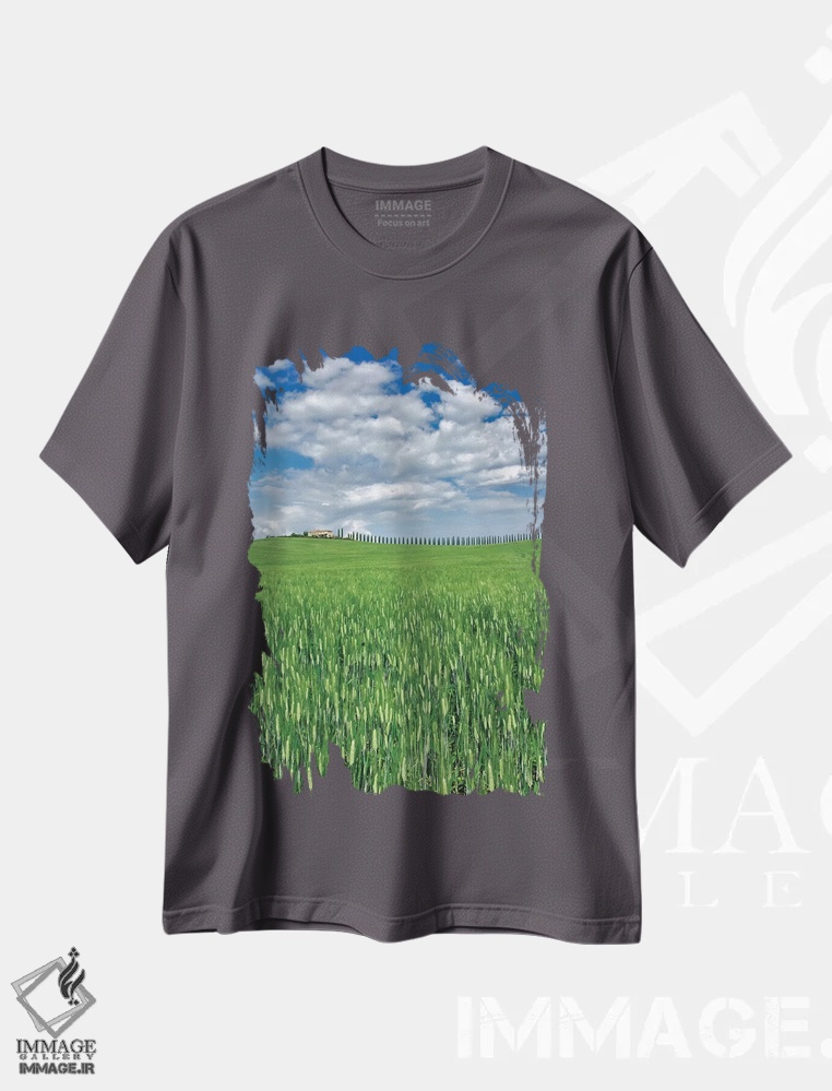 تیشرت طوسی طرح دار مزرعه گندم و جاده ای پوشیده از سروهای باشکوه، توسکانی، ایتالیا اثر آدام جونز