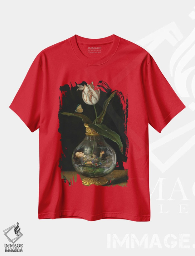 تیشرت قرمز طرح دار الهه اثیری اثر اف اف او آرت