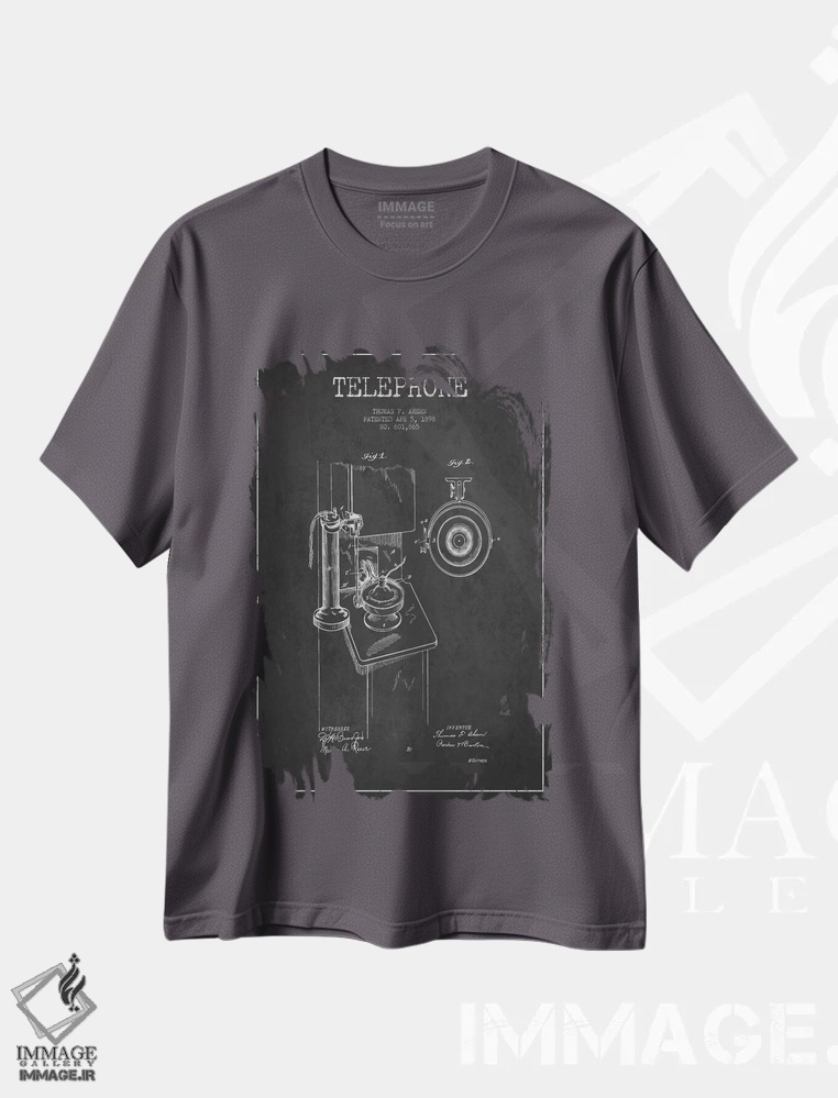 تیشرت طوسی طرح دار نقشهٔ ثبت اختراع تلفن اهِرن اثر پیکسل کهنه