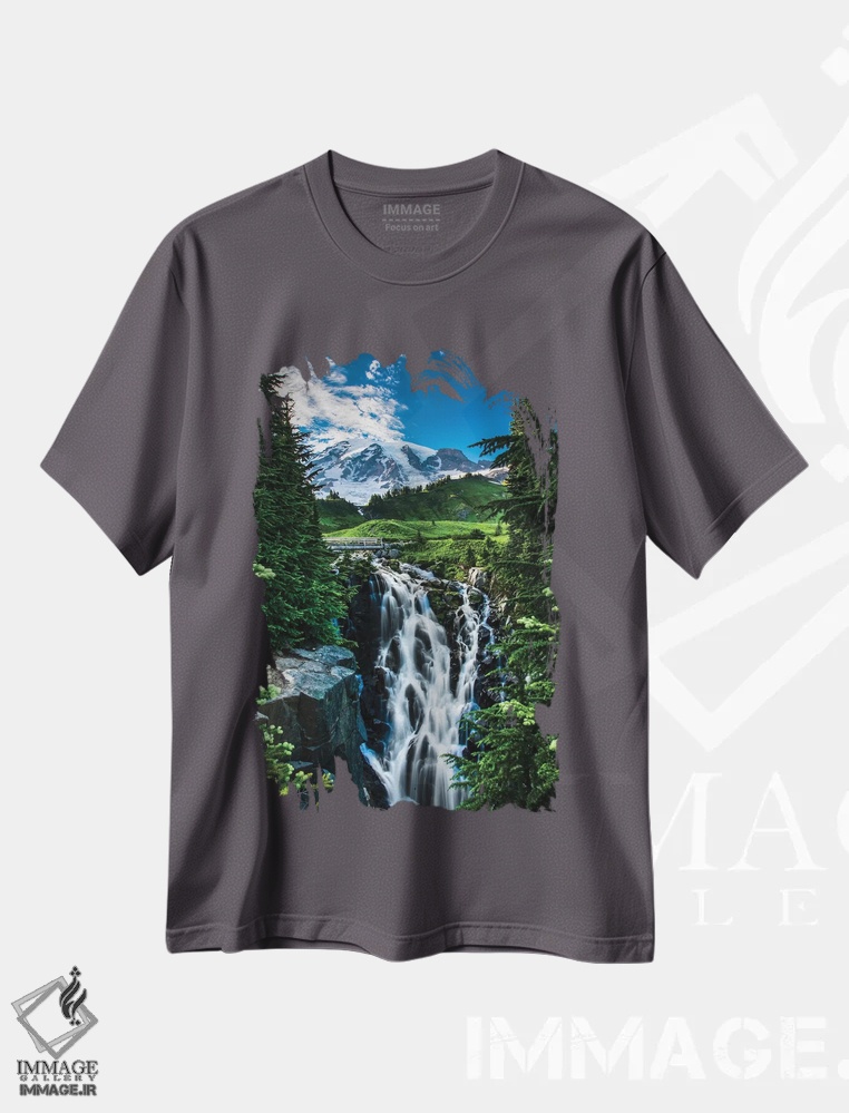 تیشرت طوسی طرح دار Washington State, Mount Rainier National Park, Mount Rainier, waterfall,آمریکا، ایالت واشنگتن، پارک ملی کوه رینیر، کوه رینیر، آبشار اثر جورج تئودور