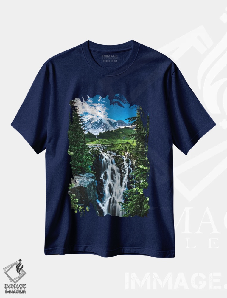 تیشرت سرمه ای طرح دار Washington State, Mount Rainier National Park, Mount Rainier, waterfall,آمریکا، ایالت واشنگتن، پارک ملی کوه رینیر، کوه رینیر، آبشار اثر جورج تئودور