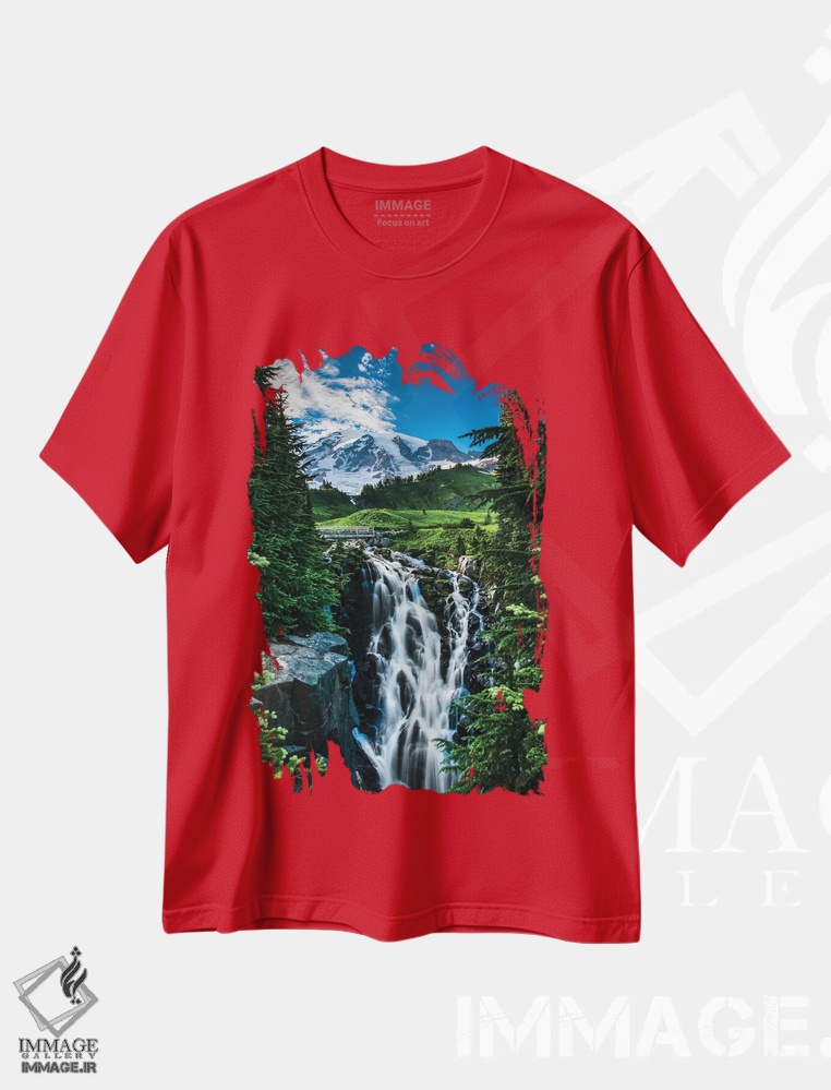 تیشرت قرمز طرح دار Washington State, Mount Rainier National Park, Mount Rainier, waterfall,آمریکا، ایالت واشنگتن، پارک ملی کوه رینیر، کوه رینیر، آبشار اثر جورج تئودور