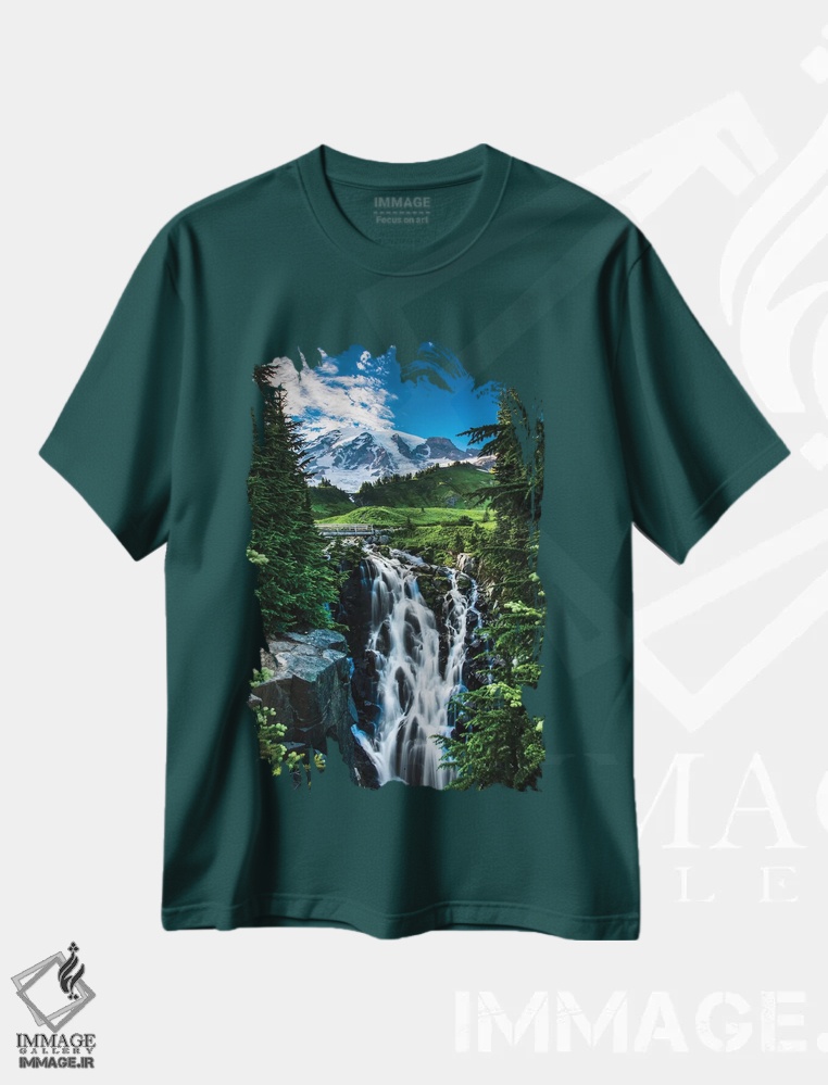 تیشرت سبز طرح دار Washington State, Mount Rainier National Park, Mount Rainier, waterfall,آمریکا، ایالت واشنگتن، پارک ملی کوه رینیر، کوه رینیر، آبشار اثر جورج تئودور