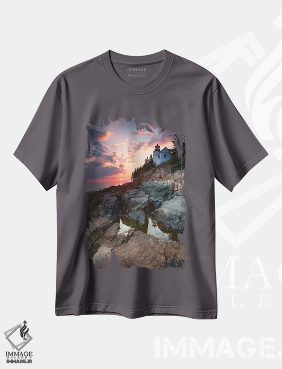 تیشرت طوسی طرح دار Mount Desert Island, Maine, USA,غروب در فانوس دریایی بندر بس، جزیره ماونت دیزرت، مین، آمریکا اثر جین ریکس