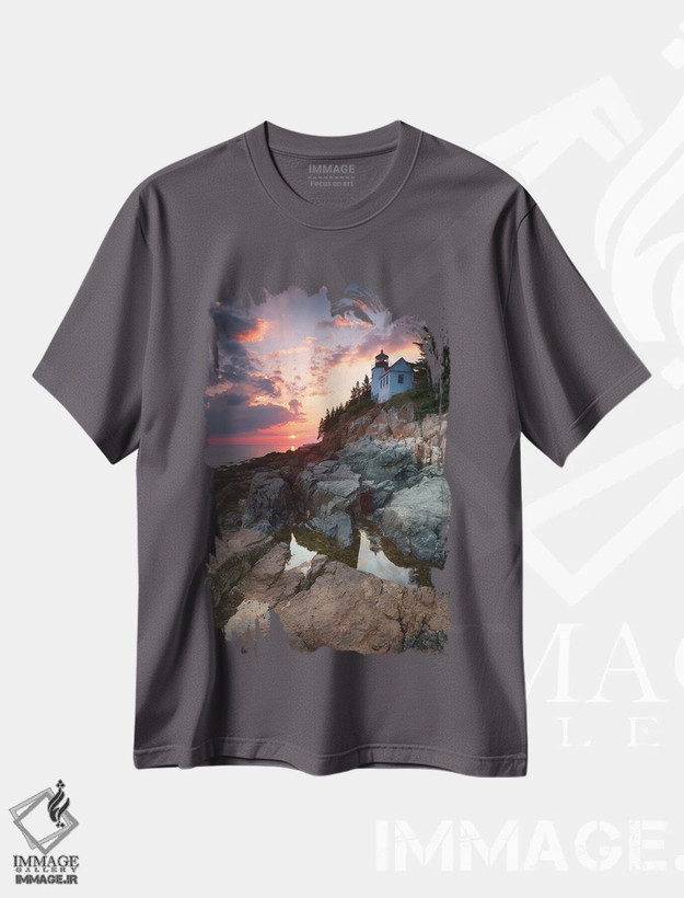 تیشرت طوسی طرح دار Mount Desert Island, Maine, USA,غروب در فانوس دریایی بندر بس، جزیره ماونت دیزرت، مین، آمریکا اثر جین ریکس
