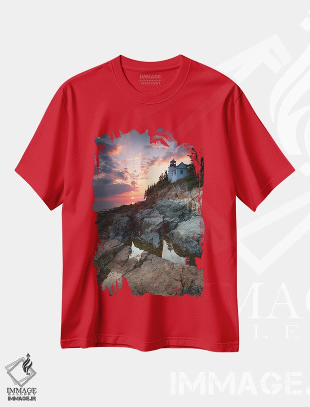 تیشرت قرمز طرح دار Mount Desert Island, Maine, USA,غروب در فانوس دریایی بندر بس، جزیره ماونت دیزرت، مین، آمریکا اثر جین ریکس