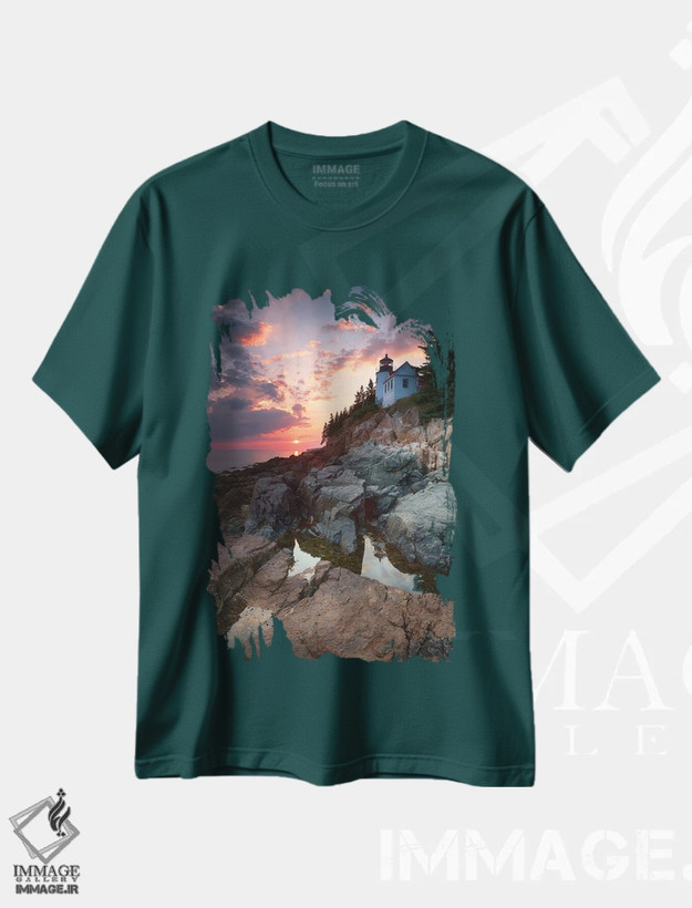 تیشرت سبز طرح دار Mount Desert Island, Maine, USA,غروب در فانوس دریایی بندر بس، جزیره ماونت دیزرت، مین، آمریکا اثر جین ریکس