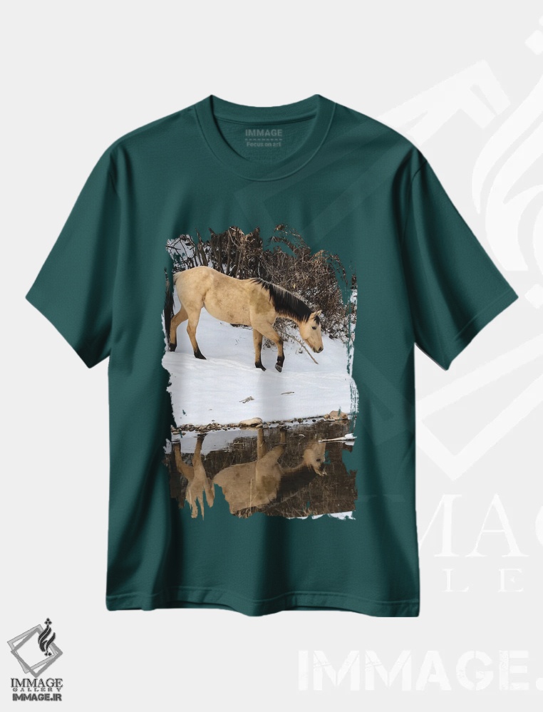 تیشرت سبز طرح دار Shell, Wyoming Hideout Ranch Lone Horse In Reflection Shell Creek,آمریکا، شل، وایومینگ، اسب تنها در بازتاب شکل گرفته در نهر شل اثر دارل گالین