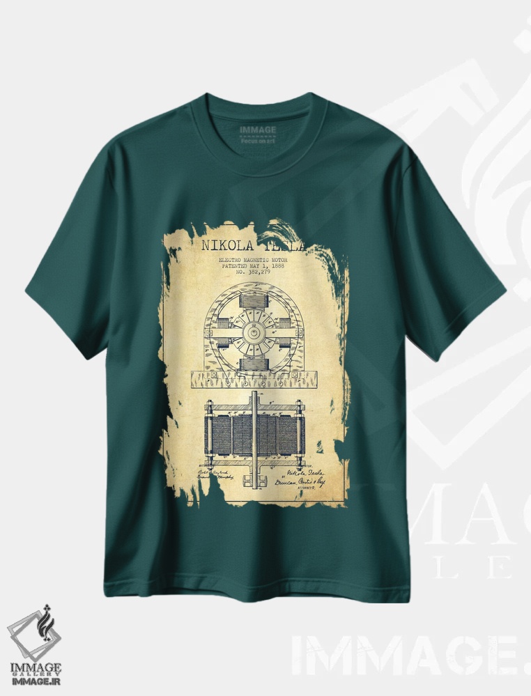 تیشرت سبز طرح دار نقشهٔ اختراع الکتروموتور اثر پیکسل کهنه